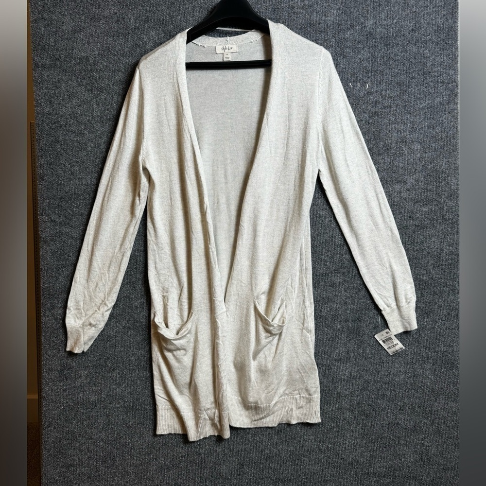 Style & Co Long Cardigan with pockets - ribbed detailing - off white -medium NWT